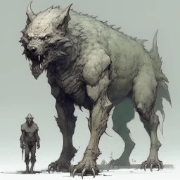 A terrible creature with a wolf's head and a human body