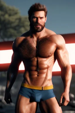 Ignore NSFW, teenager young rugged attractive slightly muscular fantastic handsome man, red briefs with yellow belt, hairy chest, (((visibly pisssing))) briefs, large erect visible boner peniss, photorealistic, artist Jay Anacleto, soft lighting, scruffy beard