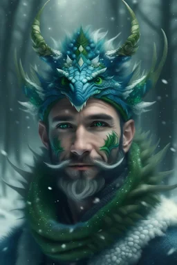 Portrait of Man - Dragon King, wearing a huge green -blue dragon head crown, decorated with shining crystals, in mystery snowy forest, short elegant beard, handsome face, ultra realistic , front view