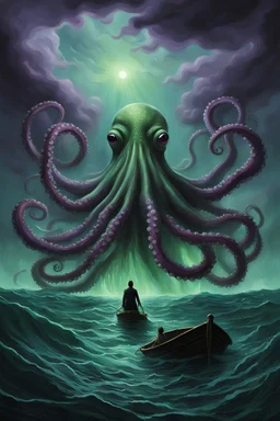A gigantic octopus-like creature rises from the ocean depths, its tentacles reaching out to the sky. A small boat with a lone figure rows away in terror. The creature's eyes are glowing green, and its skin is a deep purple. The water is dark and murky, and the sky is stormy in oil painting style