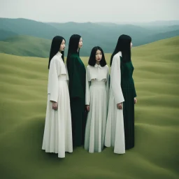 a group of women standing on top of a lush green hillside, inspired by Ren Hang, design milk, long black hair, whites, wanderers traveling from afar, trending on artisation, cloning spell, coat pleats, in twin peaks, submarine, by Helen Thomas Dranga, symetry, round-cropped, noire photo