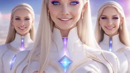 cosmic woman ,beautiful ufos rainbow, admiral from the future, galactic confédération, fine whole face, crystalline skin, expressive purple eyes,rainbow, smiling lips, very nice smile, costume pleiadian, Beautiful tall woman pleiadian Galactic commander, ship, perfect datailed golden galactic suit, high rank, long blond hair, hand whit five perfect detailed finger, amazing big puple eyes, mouth, high définition lips, cosmic happiness, bright colors