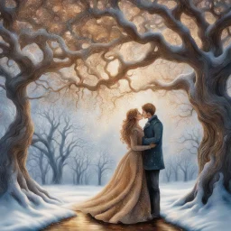 alcholic ink details of a young couple kissing centered under an impressive, frosted remarkable old oak tree, In a beautiful winter landscape , flowy swirls, golden lines, 3D, alcohol ink effects, sprinkle glitter, pearls, beads.very detailed, in the style of atmospheric tonalism. Elegant, intricate, 4k, a gravelled forest path leads through the countryside surrounded by snow-dusted ferns, mosses and tendrils. oi