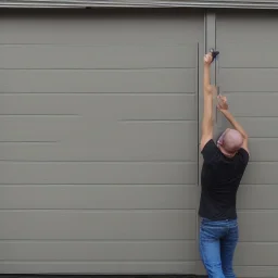 skinny guy lifting garage door on a rainy day