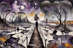 inner world , atypical world, in midle an alone human figure in weird alternative clothes stands on the thin bridge with a big map his hands , weird whimsical landscape, forest, and Sahara water and rocks,, around surreal cracked painted weird land with some black doors. dark purple, gray, black, white, brown. Whimsical style of Chagall , of Minjae Lee and Anton Semenov, lonely with absurd beauty. broken, weird bizarr,e absurd nightmare, neuron network background, surreal vibe