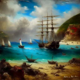 A cerulean bay with pirate ships painted by Claude Monet