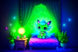 bioluminescent chibi cat fairy in a bedroom in starshine, mist