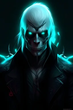male, cyberpunk, glowing implants, glowing turquoise runes, nordic runes, glowing eyes, red eyes, black skull, skull halfmask, elf ears, black leather jacket, runic crown, white hair, long hair, emotion of rage, hard-edge style, neon lights,highly detailed, high details, detailed portrait, masterpiece,ultra detailed, ultra quality