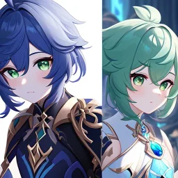 potrait of genshin in genshin ((genshin)) ((genshin ingame outfit)) wearing a short skirt, black short hair, green eyes, extreme close up