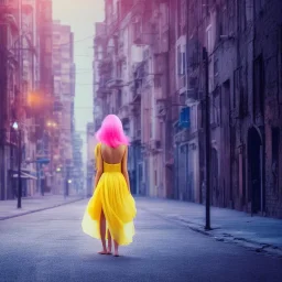 Beautiful lonely girl who walks along a street without people at dawn. You see her from behind. She wears a very short yellow dress. She has long pink hair with glowing crystals. Full body, 8k resolution concept art. Professional Photo HD. Stylish. Warm vivid colors. Panoramic