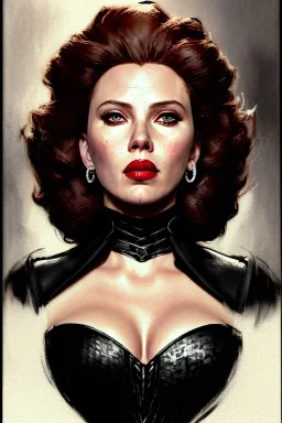 painting of scarlett johansen as evil queen in black leather gown, feminie, angry, stern look on her face, volouptous, busty, cleavage, emperious, mature, highly detailed, digital painting, artstation, concept art, smooth, sharp focus, illustration, art by gaston bussiere and alphonse mucha