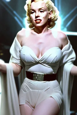 [Marilyn Monroe] Marilyn Monroe, in princess Leia's slave costume of the Return of the Jedi, close to Jabba the Hutt.