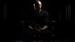 في الصورة، يظهر رجل جالس على كرسي في غرفة مظلمة. وجهه غير واضح، لكن يمكن رؤية عينيه مغمضتين. الرجل يرتدي ملابس سوداء، ويبدو أنه في حالة من الهدوء والتأمل.