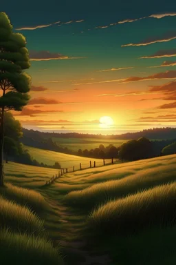 anime feild with path to forrest from afar and sunset