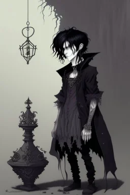 black haired young man necromancer wizard with gothic jewelry in the style of john kenn mortensen