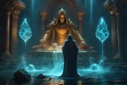 an ancient lich summoning a water elemental. empty sockets. fantasy concept art, exquisite realism, a masterpiece, dynamic lighting, hyper detailed, intricately detailed, deep color, Unreal Engine, volumetric lighting , Epic cinematic brilliant stunning intricate meticulously detailed dramatic atmospheric maximal,