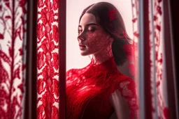 Through a lace curtain we see a mysterious beautiful woman with perfect face in red lace dress, backlit in a luxurious bedroom Nikon D850 highly detailed digital painting sharp focus elegant intricate photorealistic 4k very attractive beautiful dynamic lighting award winning fantastic view crisp quality Unreal Engine very cute cinematic postprocessing acrylic art in sunshine