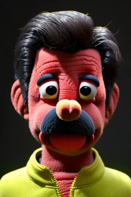 Waist up muppet Portrait, Nicolas maduro us muppet doll, black hair, Venezuelan president, red and yellow tracksuit, mustache, photo studio, background, unreal engine 5, concept art, art station, ray tracing, lumen lighting, ultra detail, volumetric lighting, 3d.