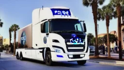 A police Tesla Cybertruck is chasing a Tesla 'Model S Plaid' at top speed, across the 'Universal Studios Orlando', in Florida. CINEMATIC. WIDE ANGLE LENS.