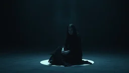 A solitary woman sitting alone in an endless void of darkness, pale skin, dark eyes with deep shadows underneath, wearing tattered black robes, empty expression, staring into nothingness. Only a faint circle of dim light surrounds her. Absolute loneliness, emotional emptiness, existential despair, abandonment, silence, vast darkness consuming everything beyond the light. No other people, no faces, in background a big monster eye, vibe surrealism, thriller atmosphere, cinematic