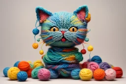 cute chibi knitted cat in colourful, soft cotton yarn balls in sunshine Weight:1 surrealism Salvador Dali matte background melting oil on canvas Weight:0.9