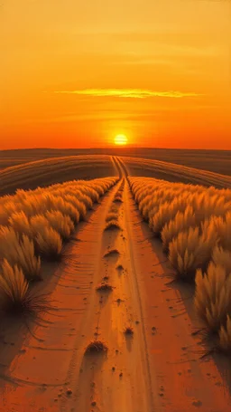 bottom 1/3 is ground, top 2/3 is sky, very dusty dirt path coming over a shallow hill with sunset in the prairies, horizon line is low in the composition, old western, painting based on grainy photo, orange brown tones