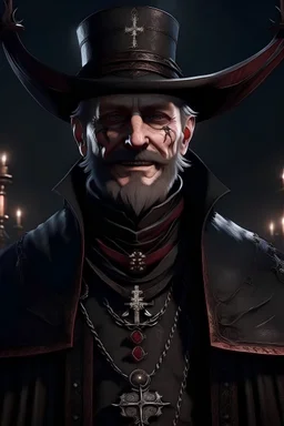 Gothic, Bloodborne, 1850 london, Male, Catholic Priest, Vampire Hunter, 51 years old, Chin beard, Evil Smile stoic, Serious, no hat, Religious Cross