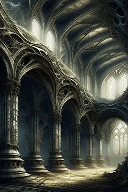 dark fantasy art of a medieval abandoned hall