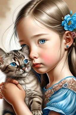 beautiful little girl making a kissing face, hair in messy braids with flowers, with a Siamese cat kissing her cheek, very amber eyes, white background, soft lighting, high detail, hyperrealistic, charcoal drawing, art in the style of Lilia Alvarado, Artgerm, and Greg Rutkowski.