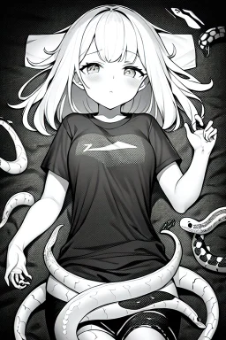 girl in T-shirt lying on the ground and covered with snakes, greyscale