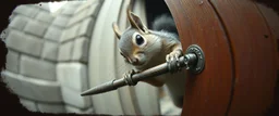 weird ass squirrel burglar breaking open a door with a crow bar , pinhole cam, airbrush 3d rendering, in the style of John Atkinson Grimshaw , torn edges on border
