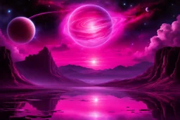 fushsia sky, planet in the sky, lake, sci-fi, mountains, galactic cosmic influence