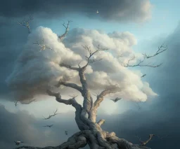 a beautiful digital painting of a marble tree entertwined in tumutluous clouds, intricate white branches and birds flying in the sunlight, blue sky at sunset, elegant, highly detailed, artstation, concept art, matte, sharp focus, art by tom bagshaw, kelogsloops and greg rutkowski