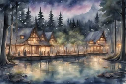 fantasy watercolor painting of a large elf market square in an village at the edge of an ominous dark forest the the shore of a huge lake. Buildings with trees growing out of them. small dock along the lakeshore. At twilight. twinkling stars. Woodland elves.