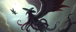 octopus bird witch looks beyond really powerful, fantasy illustration