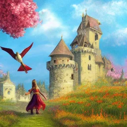 Epic Castle into sky, with flowers of fire. Green clouds and birds. Shy girl going out of the main gate. Detailed painting, sharp color, medieval, intricate detail, far sceen, realistic colors, medieval concept art. spring.