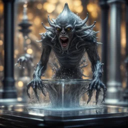 giger escher vampire ogre araknid sculpture in transparent murano glass beeing sprinkled by fountain inside glass box,bokeh like f/0.8, tilt-shift lens 8k, high detail, smooth render, down-light, unreal engine,bokeh like f/0.8, tilt-shift lens 8k, high detail, smooth render, down-light, unreal engine