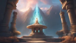 an ancient magical portal whirling with the light from another world. stone guardians. mountains. cinematic lighting, hyper realisme, Hyperrealistic, splash art, concept art, mid shot, intricately detailed, color depth, dramatic, 2/3 face angle, side light, colorful background