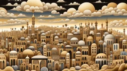 A beige Arabian city with spinning clouds designed in Australian aboriginal art