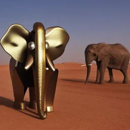 A mechanical metallic elephant looking at a Robotic Bedouin in Sahara by arik roper