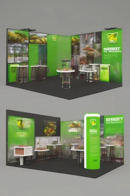 Corner green exhibition stand of a food company with product displays and a meeting area