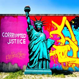 Digital photography of a concrete wall with bright colorful graffiti tagged by "CORRUPTED JUSTICE", eschatological corrupted statue of liberty gaping maw biomechanical tentacles, cosmic horror aesthetic, style of Os Gemeos and style of Phlegm