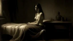 a painting of a naked woman sitting on a bed by Thomas Eakins, cgsociety, american barbizon school, chiaroscuro, impressionism, calotype