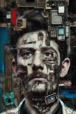 Zoomed in, Ultra detailed medium portrait painting of a tired man, unshaved, worried look, suicidal, broken, torn up collage of clippings, broken circuitry background, matrix effects, punk visual art, punk art aesthetic, graffiti art, pop surrealism, collage art, cluttered paint glitches