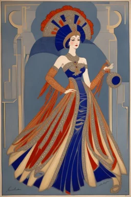 A flamboyant Art Deco opera dress by artist "Luminous Lapislazuli",by artist "Vibrant Velvet"