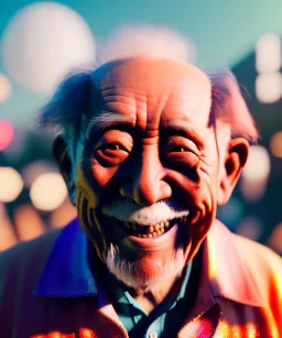 Ultra Realistic photo, medium shot view, drunken sweet happy old Asian man, carnival scene, monster hair, steampunk style. Red hair, confeti, smile, happy, festival, ovnis, gradient color fog. highly detailed, concept art, unreal engine 5, ray tracing, RTX, lumen lighting, ultra detail, volumetric lighting, 3d, finely drawn, high definition, high resolution.