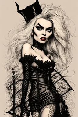 create a caricature of Debbie Harry as a savage, sullen, gothpunk vampire girl with highly detailed and refined facial features and hair, clothed in an ornate Gothic rags and fishnet stockings, in the caricature cartoon style of Gerald Scarfe and Ralph Steadman, precisely drawn, boldly inked, vividly colored, 4k