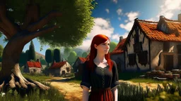 A photorealistic image of a red-haired, slender woman standing in a village green, surrounded by many thatched cottages, next to a large tree. Sunny day.