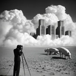 landscape ,minimal ,Photo with an old analog camera. Black and white. Part of a strange dream. white clouds wide plain The big building between them. like pink floyd pigs landscape ,Abandoned factory ,from a weird dream captured with the first model of dreamrecorder by gnom industries inc