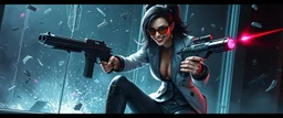 airbrush 3d rendering, mafia cyberpunk stylish lady dr smick Vex is now officially in stasis. No experiments. No clones. No accidental galaxy-ending breakthroughs. sci fi guns and rays, shattering glass background, flying debris, wicked smile, and low crouch pose